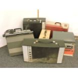 Eight old record players, including Philips, Portadyne, Sanyo, Bush, Clarville, RGD, and two 'Robuk'