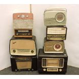 Eight old radio sets, including Ferguson, Philco, Bush, Pye, Philips