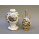 An antique opaline vase, with floral decoration and painted panel of lakeside scene, together with a