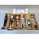 Six Pelham Puppets, Witch, Pirate, German Girl, Noddy, Sailor, and Dog, in brown boxes, no lids