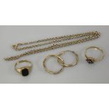 A 9ct gold onyx signet ring, a 9ct gold sapphire cluster ring, a pair of gold hoop earrings marked