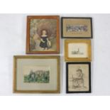 A 19th century naive portrait of a young girl, watercolour, a stevengraph 'Death of Nelson', and