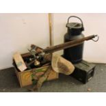 Old blacksmith's tools, large churn, diver's apparatus, cart lamps, etc