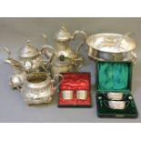 A Victorian silver plated four piece teaset, a silver plated punch bowl and ladle, a cased set of