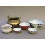 Chinese ceramics, including four bowls, a crackle ware bowl, and a bronze censor