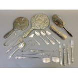 Silver items, to include cutlery, three button hooks, two wine labels, two dressing mirrors, etc