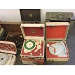 Seven old gramophones, including Fidelity, Elizabethan, Philco, Gramette, HMV, Collaro, and five