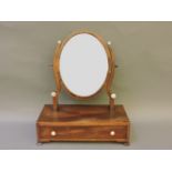 A Victorian mahogany toilet mirror, with drawer to base, ivory or bone handles and mounts, 37cm
