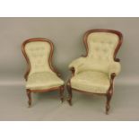 A pair of Victorian mahogany framed slipper back 'his and hers' salon chairs, one with arms, each on