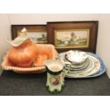 A Victorian wash jug, with matching bowl and soap dish, a pair of late Victorian hand painted