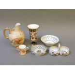 Six small ceramic items, including a Royal Worcester jug, 12cm high, and a Royal Crown Derby Imari