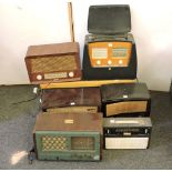 Seven old radio sets, including Pye, Globemaster, Bush, HMV, Stella, Ferguson