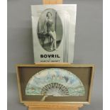 A Continental hand decorated mother of pearl fan, in a glazed case, 51cm open, and a Bovril