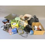 A box of kitchenalia, and assorted cameras, including Miranda and Praktica