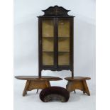 A Victorian foot stool, an Edwardian display cabinet with painted decoration, and two wood stools