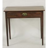 A George III strung mahogany single drawer side table, on square tapering legs, 75cm wide, 69cm