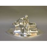 A Kayser silver plated Art Nouveau desk stand and inkwell, in the form of a young lady seated, 36.