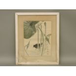 A gouache painting of an a moorhen in a lotus pond, signed Yingyang, ink on paper, framed and