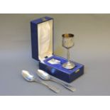 A silver Queen's Silver Jubilee goblet, London 1977, and a pair of silver serving spoons, by CS,