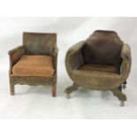 A 1920s leather seat X frame club armchair, and a further leather and brass studded armchair