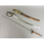 A 19th century naval cutlass, with curved fullered blade, brass hilt and shagreen grip, leather