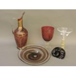 A collection of art glass, to include a Bohemian ruby glass ewer with gilt decoration, a Desirée