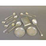 Assorted silver, to include a jam spoon with owl terminal, assorted mustard and salt spoons,