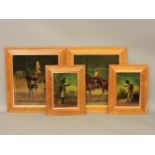 Four 18th century style colour prints, of military soldiers in dress uniform, in maple veneer