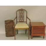 A Victorian mahogany commode, an antique oak corner cupboard, and an Edwardian bedroom chair
