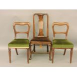 A single George II side chair, with central splat back, and a pair of 19th century kidney back