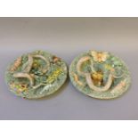 A pair of Jose A Cunha Palissy style plates, with moths, snakes, lizards and toads, on a mossy
