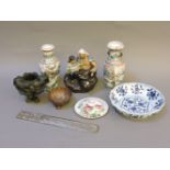 Chinese ceramics, including a blue and white bowl, a jardinière, two vases, a metal paper knife,