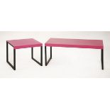 Two low metal Habitat tables, with pink tops, and four green metal folding chairs