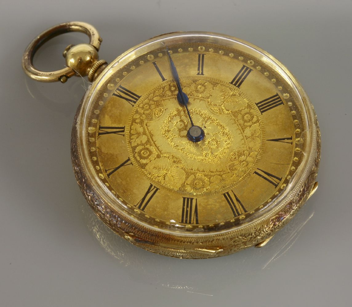 A Swiss gold fob watch, with gold dial and chased case, marked 18k, later rolled gold bow