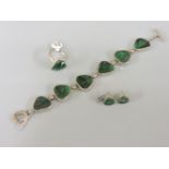 A sterling silver malachite bracelet, with matching ring and earrings