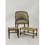 An oak tub chair, together with two rush seated stools