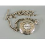 A sterling silver Woodford half hunter pocket watch, with engine turned decoration, suspended on a