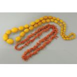 A graduated olive shaped bakelite bead necklace, 60.8g, and a graduated twig coral necklace