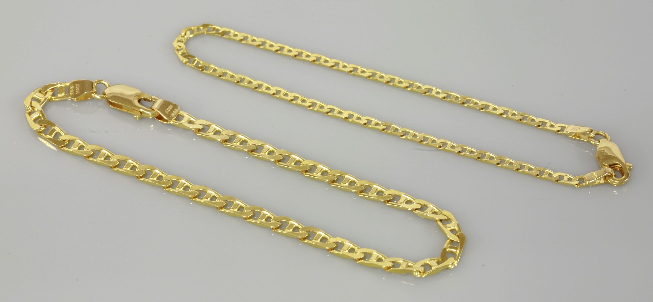 Two gold filed anchor link chain bracelets, marked 14k and tested as approximately 14ct gold, 6.98g