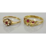 An 18ct gold ruby and split pearl boat shaped ring, with a split pearl and diamond set tiara to