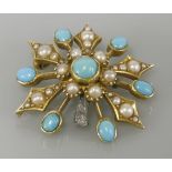 A late Victorian turquoise and split pearl gold brooch, marked 15ct, damage