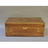 A Victorian rosewood writing box, with brass inlay and campaign style handles, blue velvet interior