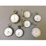 Six various silver pocket watches, including an Elgin example, and a stop watch