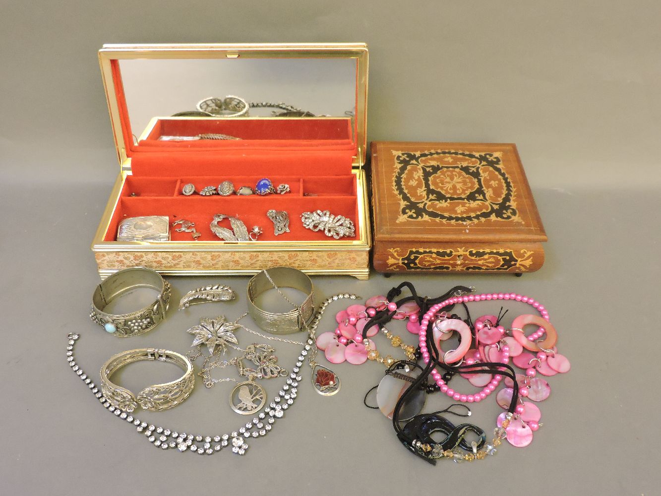 An inlaid jewellery box and contents, and another jewellery box with silver items