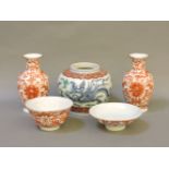 Chinese ceramics, ginger jar, bowl and cover, and a pair of baluster vases, tallest 12cm