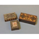 Two Victorian Tunbridge ware stamp boxes, and another box