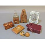A tortoiseshell box, a micro mosaic photo frame, 11cm high, a leather covered bottle, a red