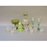 A set of eight small glasses, with big game etched designs, after Roland Ward, Danish decanter and