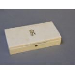 A Victorian/Edwardian games box, mounted with initials FH, opening to reveal nine skittles and a
