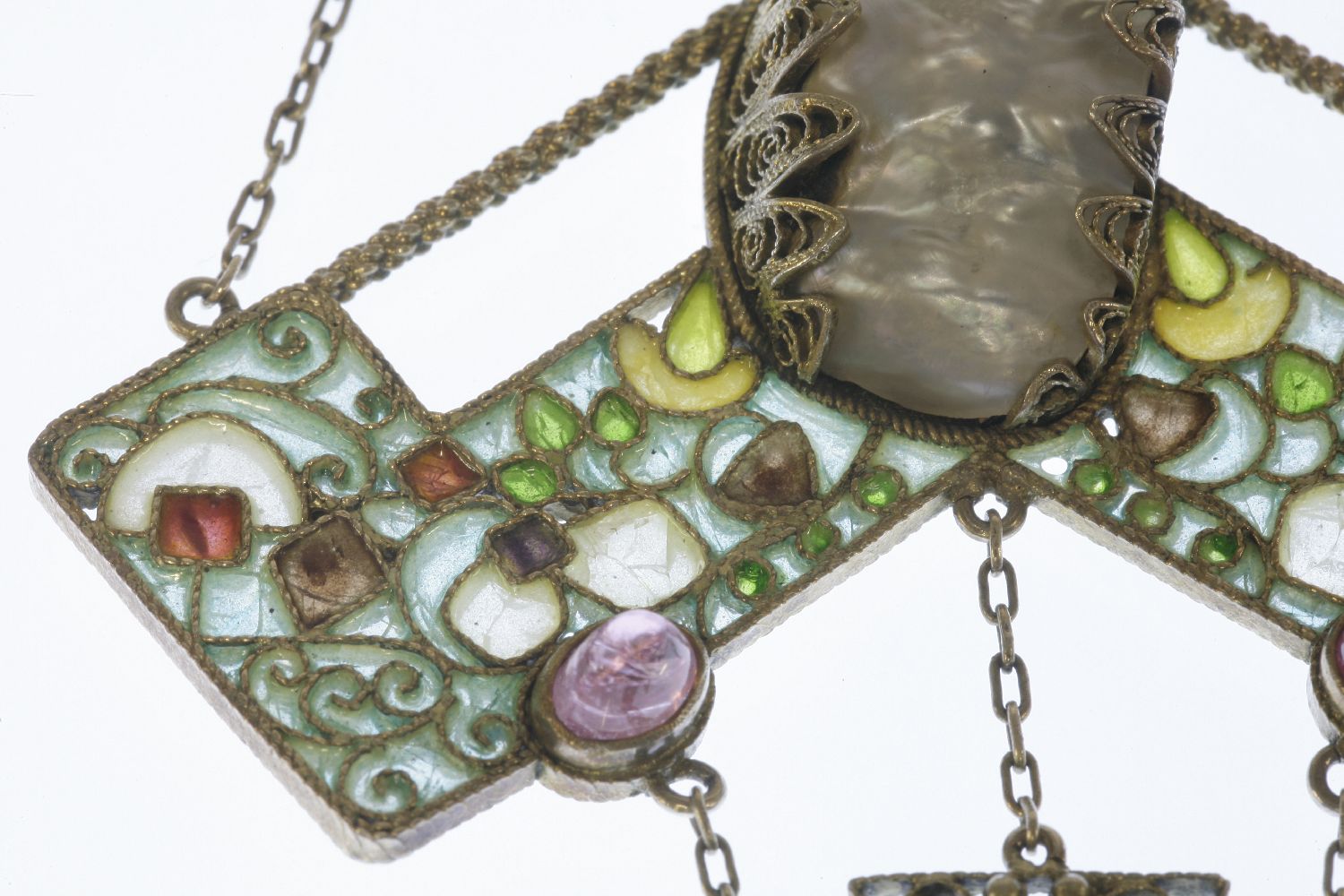 An Arts and Crafts silver gilt, blister pearl, pink tourmaline, sapphire, aquamarine and plique-à- - Image 3 of 3
